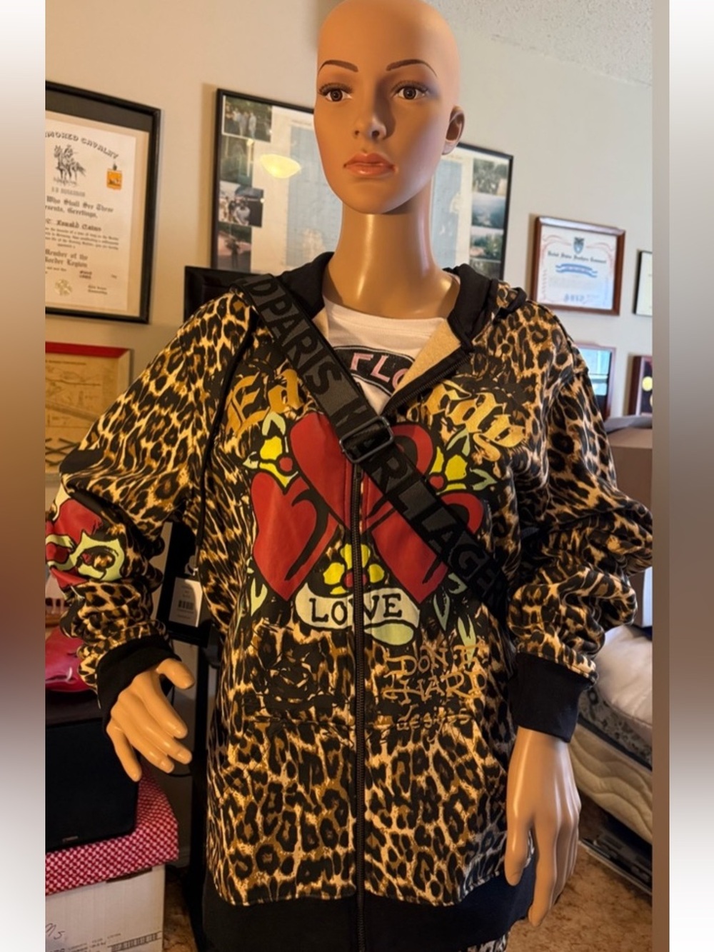 Ed Hardy Leopard Love Print Zip Hoodie with Red Heart Graphic. ♥️